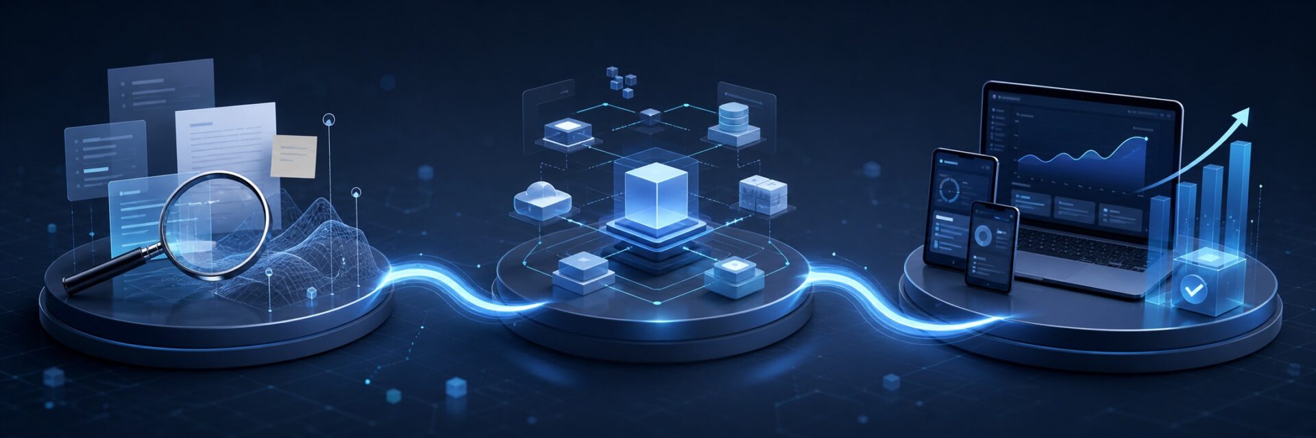 Three-stage technology project journey from discovery through solution design to implementation